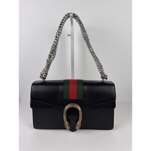 Gucci Dionysus black leather handbag gold buckle floral interior authenticated